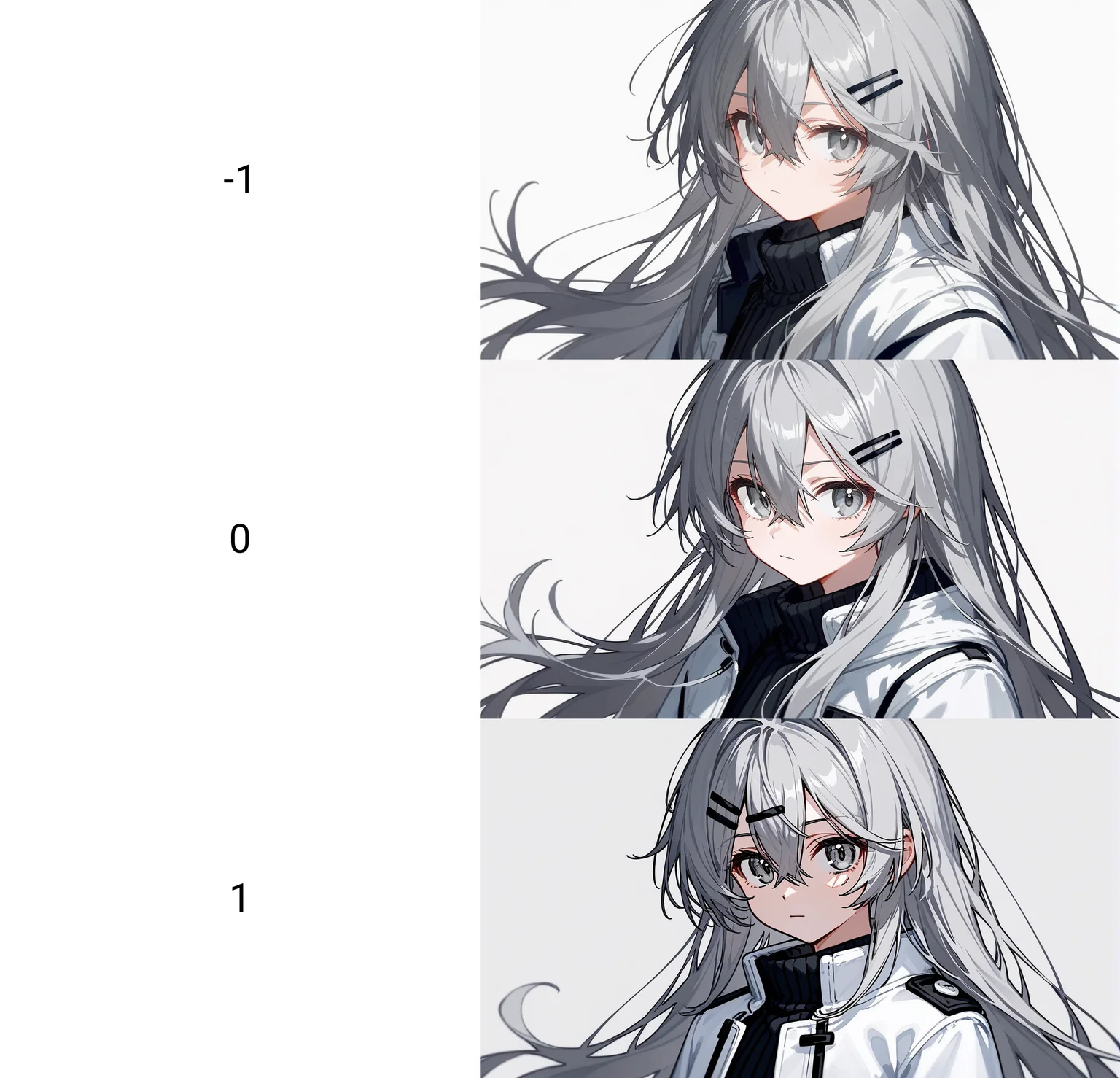 1girl,
rating safe, solo, long hair, closed mouth, sidelocks, grey hair, white jacket, hair between eyes, grey eyes, white background, portrait, looking at viewer, long sleeves, hairclip, jacket
<lora:pony-lineart_adjust-mki:-1>