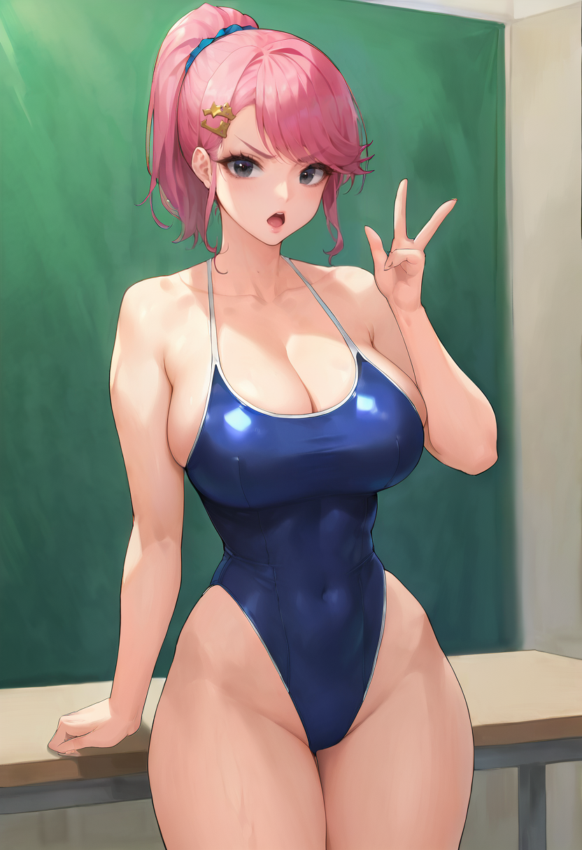 score_9, score_7_up,  1girl, 
huge breasts, wide hips, thick thighs, cowboy shot, standing, v-shaped eyebrows, highleg, looking at viewer, open mouth, breasts, short ponytail, hair ornament, school swimsuit, hairclip, swimsuit, alternate hairstyle, black eyes, one-piece swimsuit, high ponytail, blue one-piece swimsuit, solo, highleg swimsuit, cleavage, covered navel, ponytail, swept bangs, short eyebrows, long hair, pink hair, thighs, collarbone, :<
 <lora:daeho_cha-Style-PonyXL-GLoRA+Final-000045:1>