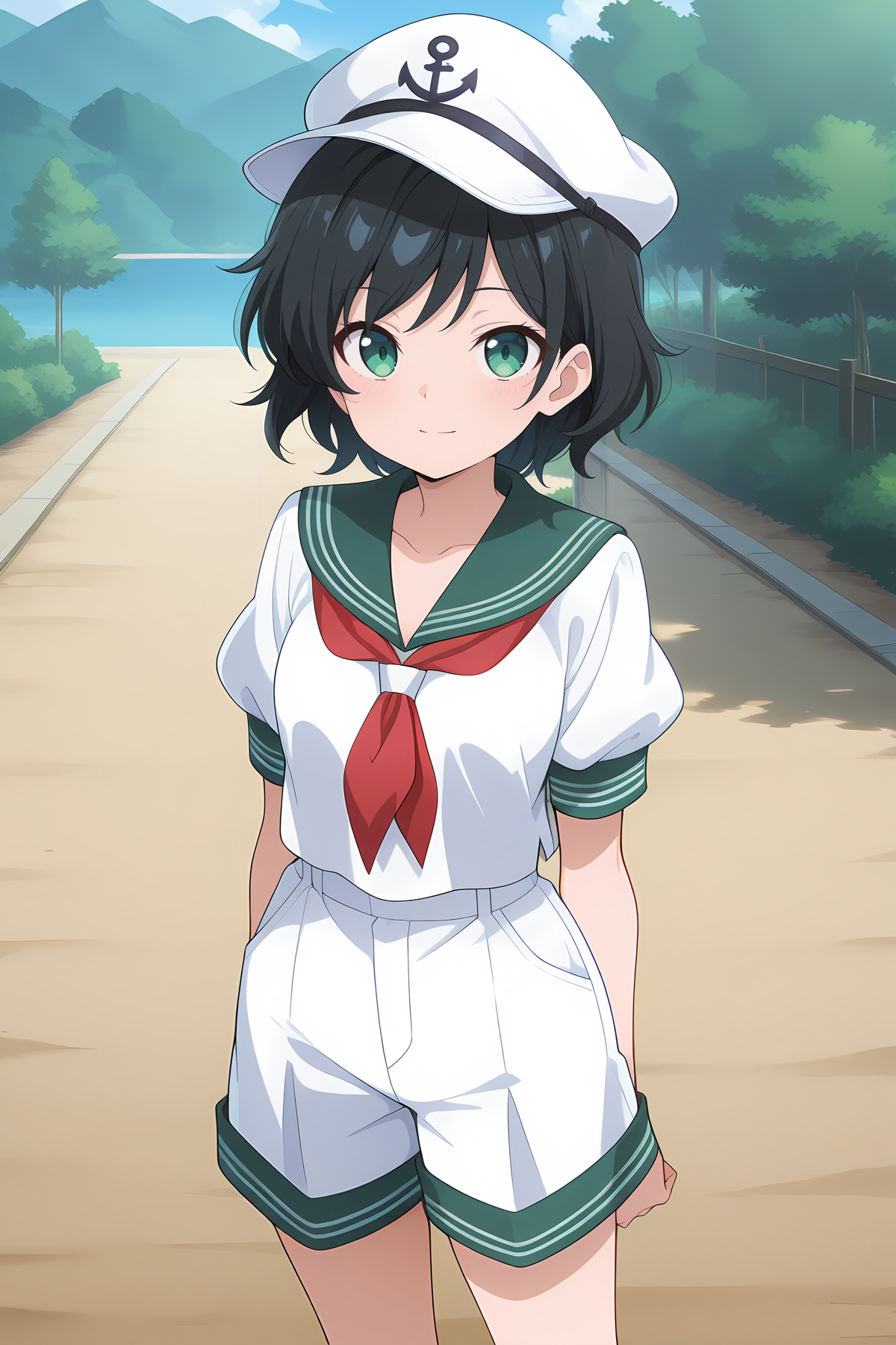 absurdres, highres, masterpiece, best quality, amazing quality, official anime artwork, screencap, anime screencap, outdoors, looking at viewer, light smile, standing, 
 <lora:Minamitsu-Murasa_Illustrious:1> murasa minamitsu, 1girl, solo, green eyes, black hair, short hair,, white hat, sailor hat, white shirt, short sleeves, green sailor colar, red neckerchief, white shorts, white socks, black boots,