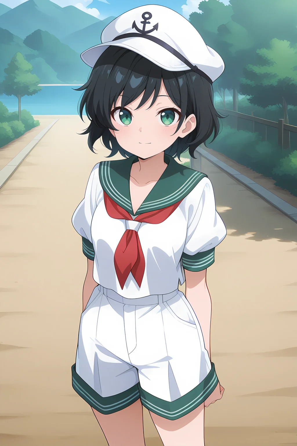 absurdres, highres, masterpiece, best quality, amazing quality, official anime artwork, screencap, anime screencap, outdoors, looking at viewer, light smile, standing,
<lora:Minamitsu-Murasa_Illustrious:1> murasa minamitsu, 1girl, solo, green eyes, black hair, short hair,, white hat, sailor hat, white shirt, short sleeves, green sailor colar, red neckerchief, white shorts, white socks, black boots,