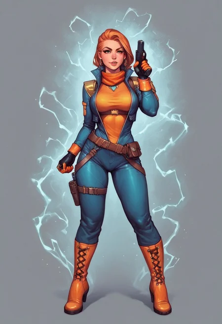 (1girl), dynamic pose
Lyra's iridescent jumpsuit shimmers like a moonlit lake, with neon pink and electric blue accents. Her hair crackles with electricity, styled in loose waves. Eyes burn like hot coals in fiery red and orange
((((full-clothed)))), ((long big pistol in hands, handgun in hands))
BREAK
strange world background score_9, score_8_up, score_7_up, score_6_up, source_cartoon, rating_explicit, Expressiveh, (((((full body))))), dynamic pose