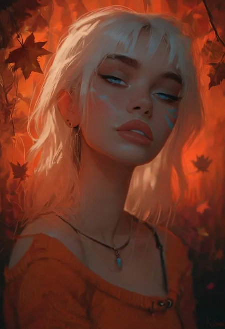 score_9, score_8_up, score_7_up, score_6_up, rating_explicit, solo focus, perfect cute face, dramatic lighting, steamy, shivering in anticipation, autumn leaves, atkida, blue facial mark, white hair, seductive, sexy pose, orange off-shoulder sweater, bottomless, ((vagina)), flaccid, orange thigh-highs,