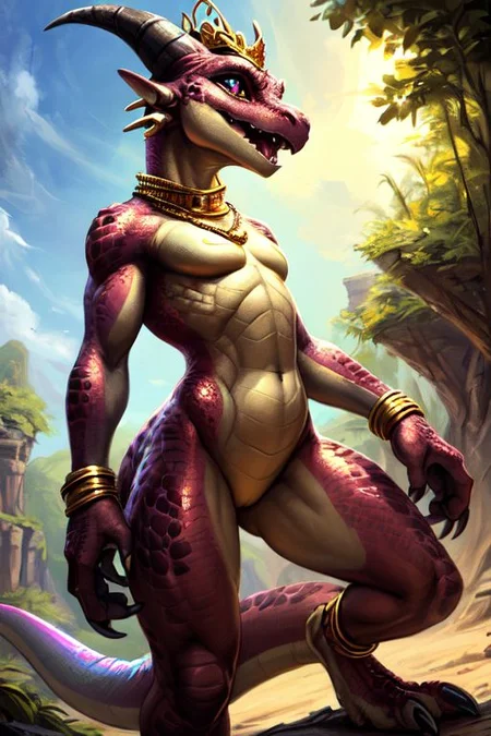 scalie, anthro, ((female)), ((kobold:1.3)), detailed pink scales, detailed scales, intricate scales, ((small breasts)), (nude), (detailed face), (detailed eyes:2), (big eyes:0.5), claws, open mouth, grin, (fangs:1.3), cute, young, muscular, athletic, elegant, beautiful, claws, (slit pupils), bright eyes, expressive eyes, (chubby:0.5), (plump:0.5), smiling, happy,
dynamic pose, (sexy pose), standing, saliva, (drooling:0.3),
<lora:dragon:0.1>
<lora:addmoredetails:0.1>
<lora:Velociraptor_Dino:0.1>
<lora:deathclaw:0.1>
by thesecretcave, by lizet, by silverfox5213, by darkgem, by kenket,
((golden bracelet, golden anklet, golden necklace, golden earrings, iridescent gold, collar, golden tiara, golden crown)),
noon, sunlight,
on a beach,
(ambient light on the body),
Ray tracing, dutch angle, concept art, highly detailed, (hi res), ((masterpiece)), ((best quality)) masterpiece, best quality, masterpiece, best quality, cinematic composition, (masterpiece, best quality, ultra realistic, 4k, (high detail:1.3), sharp focus,