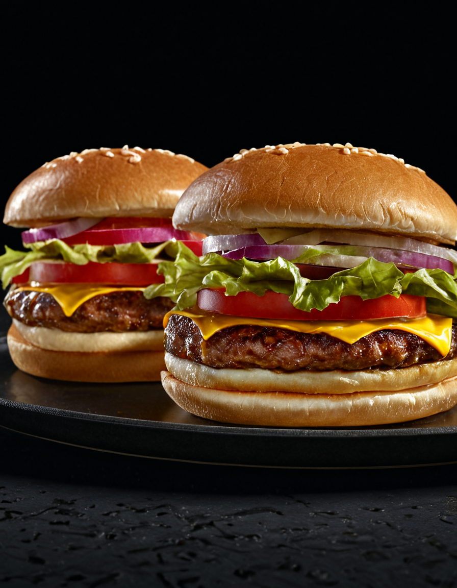 Skin Textures, High Resolution, High-Resolution Image, Cinematic, foodlora, 2hamburgers on a dark plate, ad, comercial