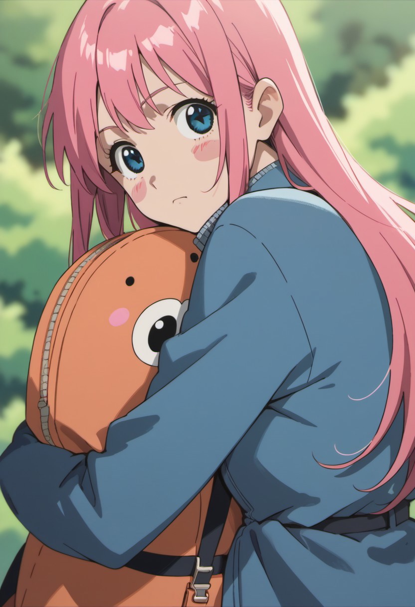 score_9, score_8_up, score_7_up, source_anime, nono, 1girl, pink hair, long hair, blush stickers, bag, solo, hug, blush, blue eyes, jacket