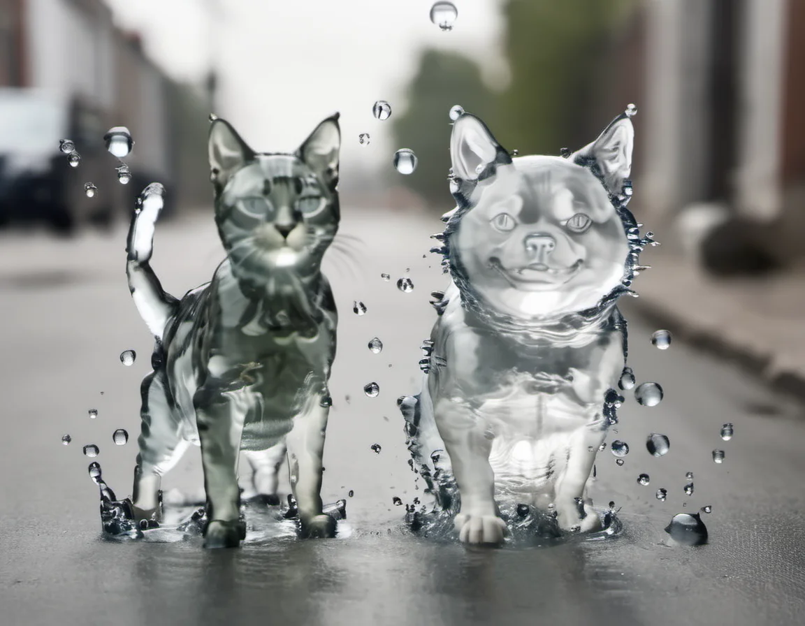 <lora:Aether_Aqua_v1_SDXL_LoRA:0.9> a photo of a cat and a dog made of transparent water, playing on a street, water drops