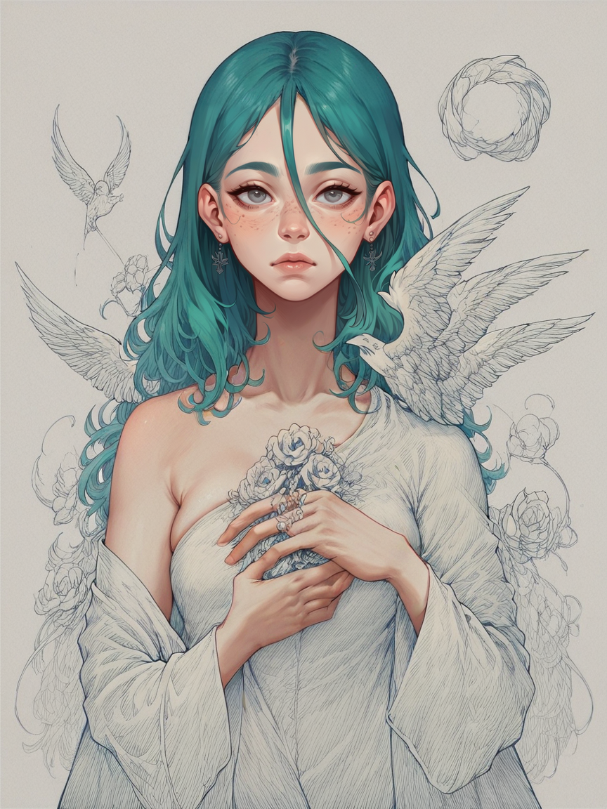 score_9, score_8_up, score_7_up, score_6_up, score_5_up, score_4_up,    <lora:blu3p4rtXLP2:0.7> blu3p4rt, angel, pale skin, long green hair