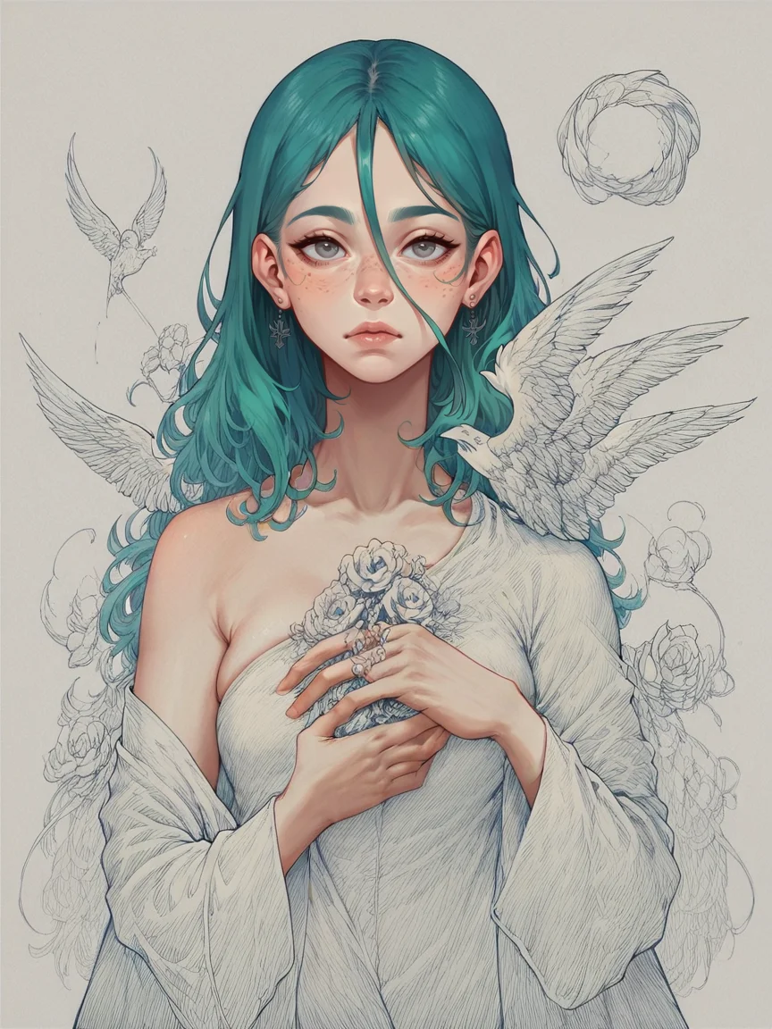 score_9, score_8_up, score_7_up, score_6_up, score_5_up, score_4_up, <lora:blu3p4rtXLP2:0.7> blu3p4rt, angel, pale skin, long green hair