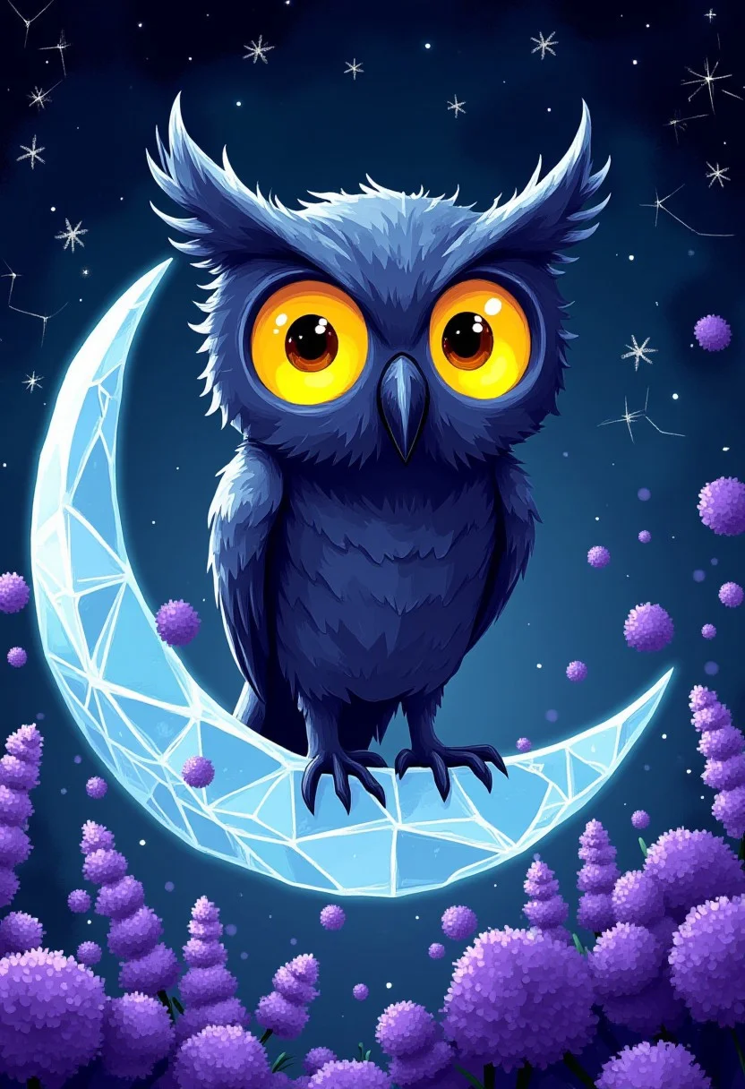 A whimsical illustration of a polygonal owl with an impossibly oversized geometric head in dark whimsical art style, perched on a crystalline crescent moon composed of angular facets, digital painting where crisp geometric structures blend with expressive brushstrokes, featuring incandescent light emanating from within the owl's prismatic form, starlit cosmic background with constellation patterns forming lavender flowers, characteristic Tim Burton inspired design with enormous eyes rendered as luminous amber gemstones that contrast against the deep blues and muted violets of the night sky, creating a dreamy haze where mathematics meets whimsy