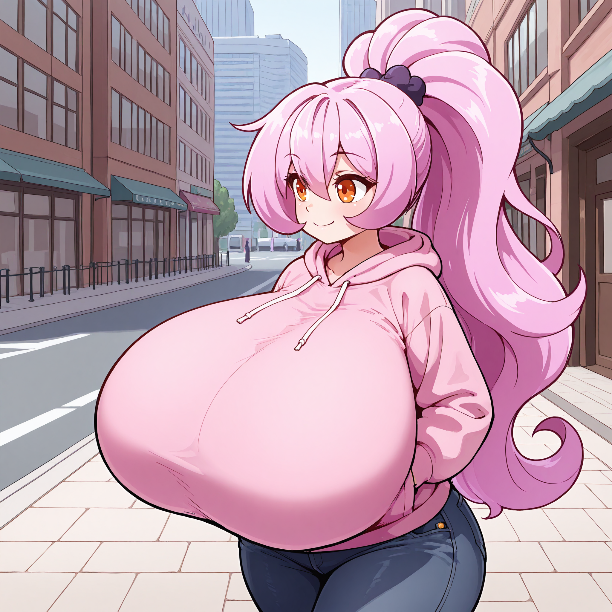 (masterpiece), best quality, (highly detailed), 1female, solo, <lora:Ursula_Masked_Agent_OC_Illustrious:0.6> , Ursula, shortstack, long hair, pink hair, orange eyes, gigantic breasts, city, sidewalk, ponytail, pink hoodie, smile, jeans, hands in pocket, walking,