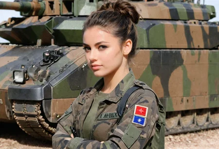 French, french badge, female soldier, 1girl, brunette, messy bun, camo military fatigues, camo military fatigues, outdoor, barracks, LECLERC tank, loving gaze