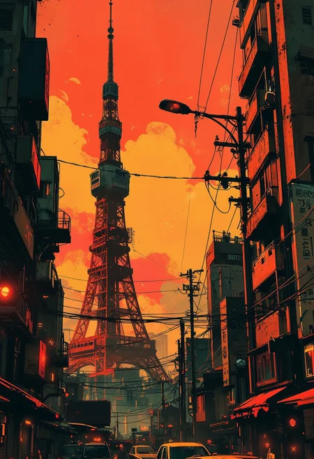 Special Ink-drawing mode, Mh1$AgThS2, intricate linework with expressive contrasts, inksketch in red and black of a Tokyo cityscape, Tokyo Tower rising into the sky, sunset