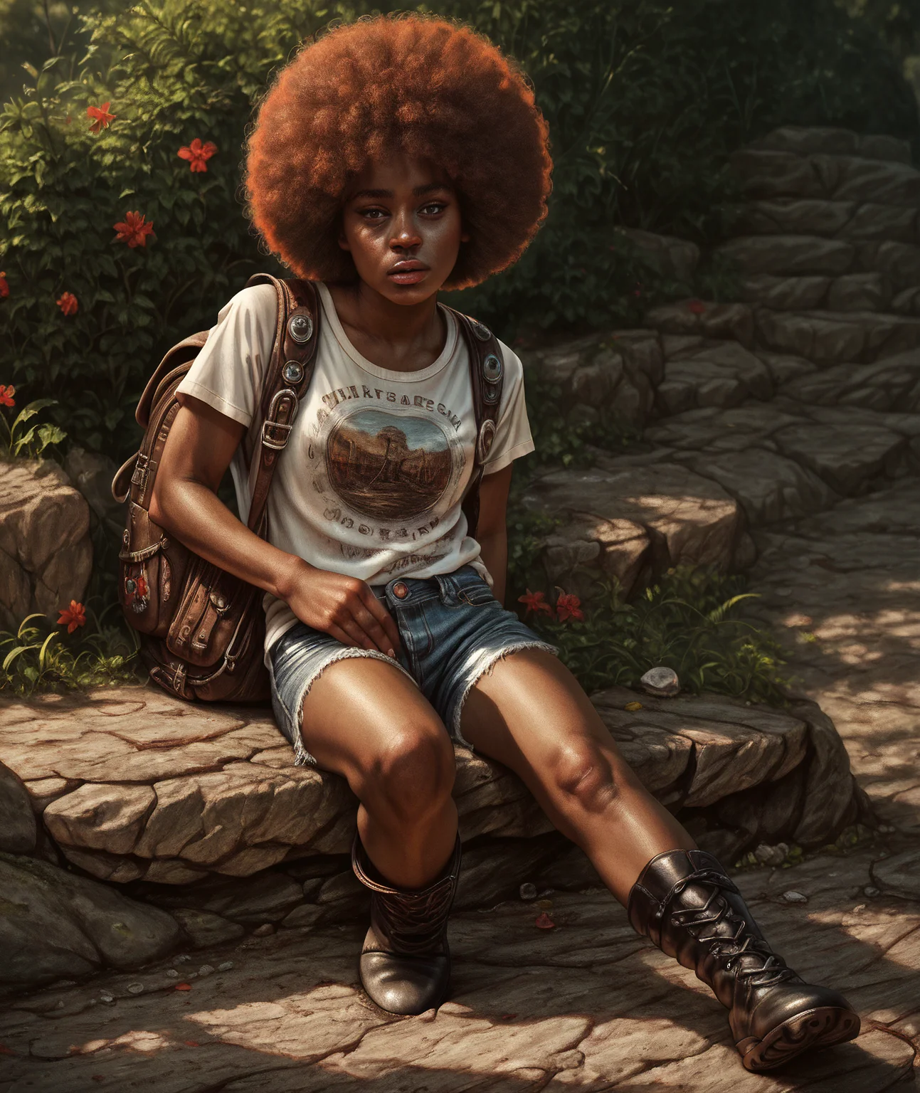 score_9, score_8_up, score_7_up, score_6_up, score_5_up, score_4_up, a highly detailed painting of a black woman, 1 woman, black woman, dark skin, college student, large round afro, (red hair), hair focus, backpack, on campus square, crowded, bokah, boots, jean shorts, tshirt<lora:detailed_notrigger> <loar:Pony_DetailV1.0> <lora:Black_Woman_v3_e6> <lora:PONYLargeRoundAfro>