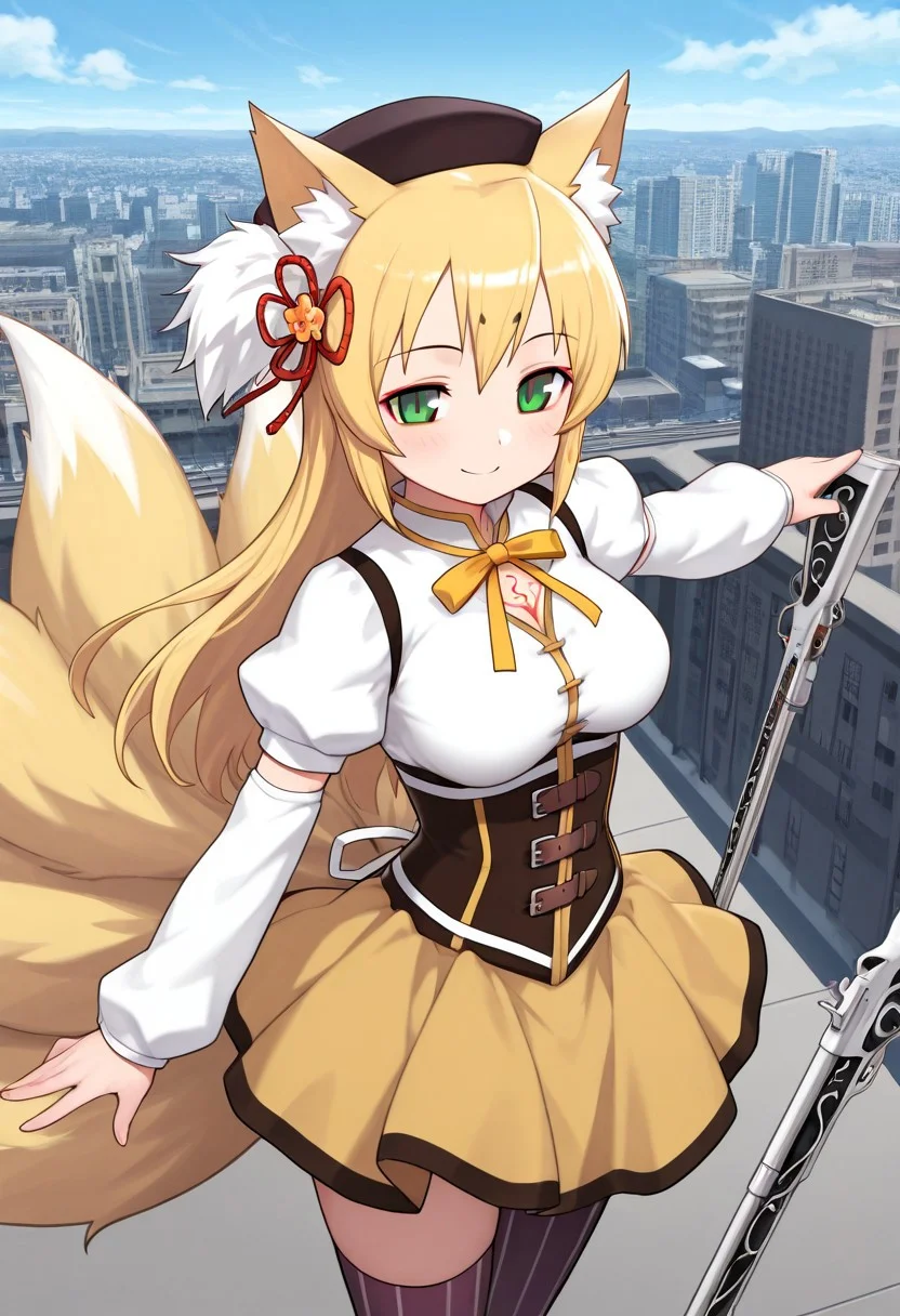 score_9, score_8_up, score_7_up, score_6_up, high resolution, gorgeous, absurdres, best quality, anime screencap, source_anime, puella magi madoka magica, official art, 1girl, solo, Tamamo, blonde hair, hair ribbon, long hair, kitsune, green eyes, fox ears, (fox tail), (red eyeliner), monster girl, slit pupils, multiple tails, red tattoo on chest, smile, tomoe mami /(magical girl/), tomoe mami /(cosplay/), yellow skirt, beret, corset, white shirt, long sleeves, smile, outdoors, japan, modern city, tokyo, magical musket, battle pose