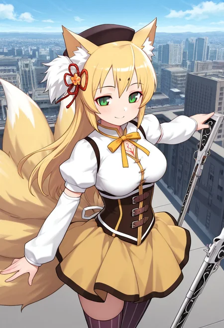 score_9, score_8_up, score_7_up, score_6_up, high resolution, gorgeous, absurdres, best quality, anime screencap, source_anime, puella magi madoka magica, official art, 1girl, solo, Tamamo, blonde hair, hair ribbon, long hair, kitsune, green eyes, fox ears, (fox tail), (red eyeliner), monster girl, slit pupils, multiple tails, red tattoo on chest, smile, tomoe mami /(magical girl/), tomoe mami /(cosplay/), yellow skirt, beret, corset, white shirt, long sleeves, smile, outdoors, japan, modern city, tokyo, magical musket, battle pose