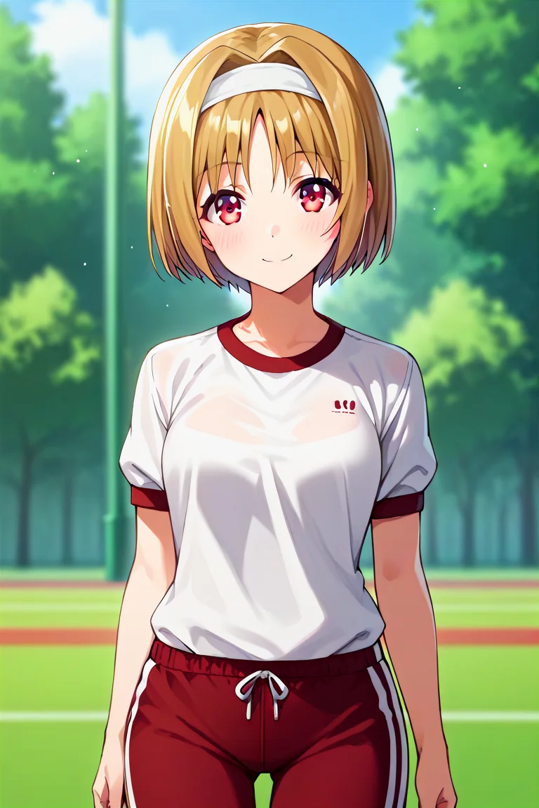 score_9, score_8_up, score_7_up, score_6_up, score_5_up, score_4_up, rating_questionable, , source_anime, digital illustration, pixiv, fanbox, uncensored, , BREAK, official art,
1girl, solo, female, kushida kikyou, short hair, hair intakes, red eyes, hair band,
gym uniform, white tshirt, red trackpants,, outdoors, light smile, blush, cowboy shot, looking at viewer, <lora:Kushida_Kikyou_Pony-000009:0.9>