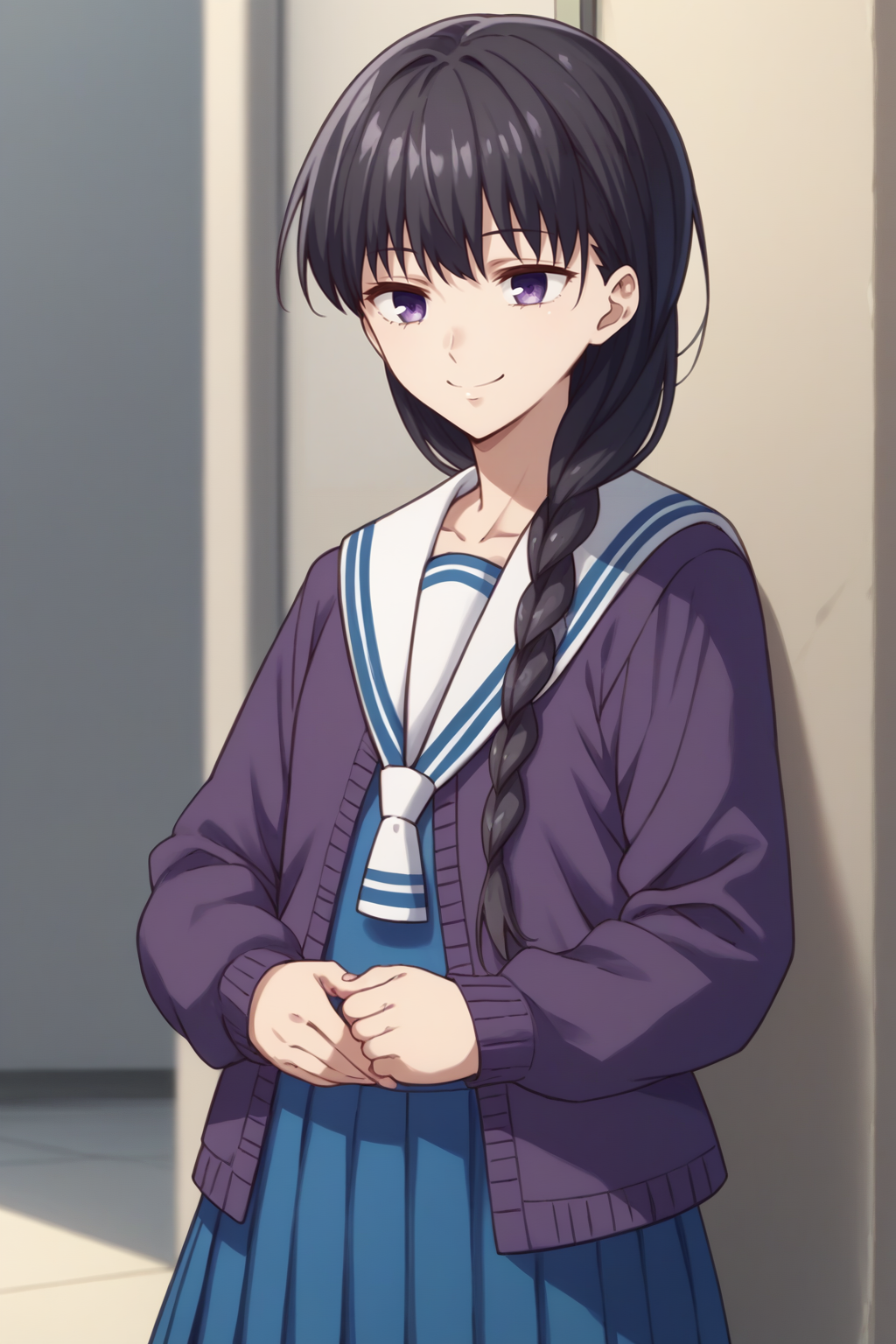 score_9, score_8_up, 1girl, solo, <lora:NSSakiBasket:1> NSSakiBlue, black hair, long hair, braid, hair over shoulder, purple eyes, serafuku, blue shirt, pleated skirt, blue skirt, long sleeves, purple cardigan, smile