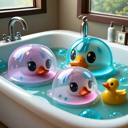 {1rubber duck, 1 rubber duck made out of slime, (slime rubber duck:1.5), yellow slime body, orange slime beak, glossy black eyes, translucent slime rubber duck, transparent slime rubber duck}
hud_sp_bth, flower, petals, water, bath, in an elegant bath tub, bubbles made out of slime, slimes hiding in the bath bubbles, bubble bath, perspective from inside tub, prespective from inside bath,
everything made of slime, No simple background,
((translucent slime)), ((transparent slime)), (bioluminescent slime), sl1m3d, slime, slime-morph, saturated colors, no humans, no people,