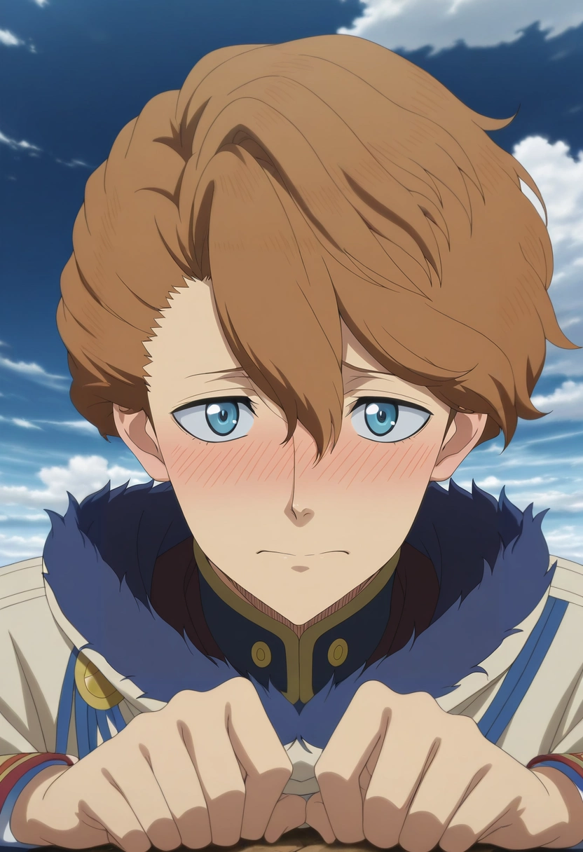 masterpiece, best quality, intricate details, anime screencap, anime coloring, official style, looking at viewer, 1boy, solo, male focus, <lora:langris_vaude_ilxl:0.98>, langris_vaude, brown hair, blue eyes, short hair, hair between eyes, , panorama, heaven, clouds, dawn, the pose, embarrassed, nose blush,