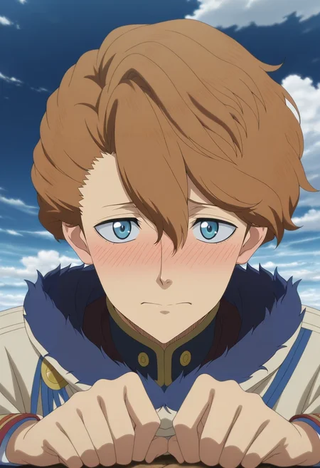 masterpiece, best quality, intricate details, anime screencap, anime coloring, official style, looking at viewer, 1boy, solo, male focus, <lora:langris_vaude_ilxl:0.98>, langris_vaude, brown hair, blue eyes, short hair, hair between eyes, , panorama, heaven, clouds, dawn, the pose, embarrassed, nose blush,