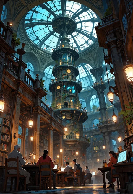 A colossal cylindrical library rises beneath an ancient glass dome, its structure mirroring a forgotten civilization's grand architecture. Towering bookshelves, stretching multiple stories high, spiral around the interior, filled with tomes bound in glowing blues, radiant reds, and shimmering golds. At the heart of the archive, a massive circular platform serves as a gathering place for scholars, cloaked in rich crimson and royal blue robes, engaged in heated debates and quiet study. The air is thick with the scent of aged parchment and candle wax, illuminated by floating lanterns casting golden light across the walkways. Sunbeams filter through the cracked glass dome, illuminating dust particles suspended in the air, while ivy and vines creep along the edges, intertwining with ancient carvings and mysterious glyphs. In the center, a grand levitating book hums with an ethereal glow, its pages flipping as if whispering secrets to those who dare to listen. Meanwhile, at the lowest level, scribes carefully copy lost knowledge under the flickering flames of hanging torches. In the distance, a spiral staircase winds toward the highest reaches of the library, leading to an unseen chamber filled with forgotten wisdom. This is The Grand Archive, a sanctuary of knowledge where past and future converge in a vibrant spectacle of intellect and mystery. Anime, Niji, citybkg, VibrantlySharp style., Anime art