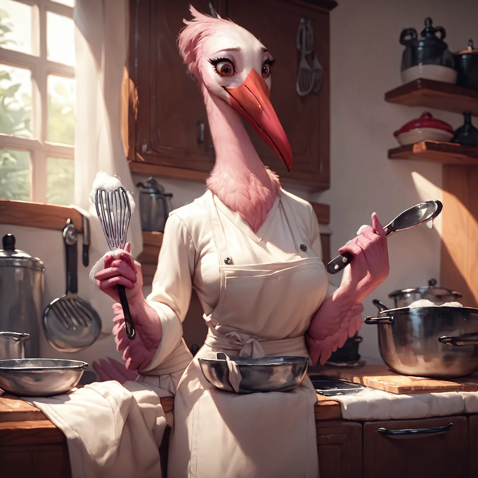 score_9, score_8_up, score_7_up, score_6_up, score_5_up, score_4_up,anthro, stork, female, feathered tail, chef, top, white and pink feathers, baking, kitchen, front view,<lora:Anthro_birds-000018:0.8>
