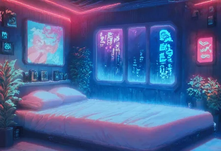 score_9,score_8_up,score_7_up,score_6_up, pixelart,pixel,
steaming coffee cup on windowsill, plants on the windowsill, wall of plants, monstera plant, large plant, tidy bedrrom, small room, cramped bedroom, teddies on the bed, cyberpunk city view out of the window, neon light, purple neon lights,