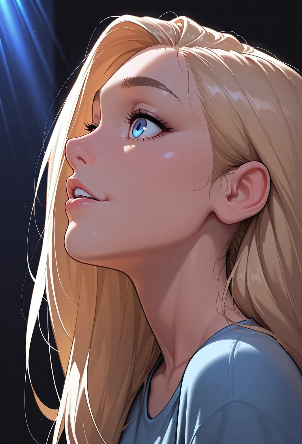 masterpiece, high_quality, highres, gradient, ultra-realistic, 32k, best quality, highly detailed, anime_source, lineless:1.2, pureerosface_v1, ng_deepnegative_v1_75t, aid291, DISNEY_ANIMATION, incoth, (incase:0.6), melkor_style, adult, colorful, Anna_Rice, (1girl, 19 yo, long hair, blonde hair, perfect hairstyle, blue eyes, detailed face, Extreme close-up side profile of a woman's face, sharply detailed with cinematic depth of field volumetric lighting, cinematic lighting, dynamic lights, low key lighting, (light rays:1.2), blue theme, dark background, foreshortening,off focus,(vignetting:1.2),