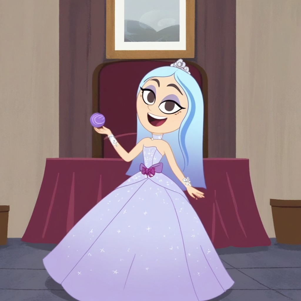 Andrea Davenport, 1girl, long blue hair, brown eyes, streaked hair, eyeshadow, Very long large straight tulle purple princess ball gown hoop skirt, ball gown hoop skirt, purple princess dress, hoopdress, my big princess gypsy wedding dress, ballgown, a girl in a dress posing for a picture, wearing a sleeveless ballgown, looking at viewer and smiling,