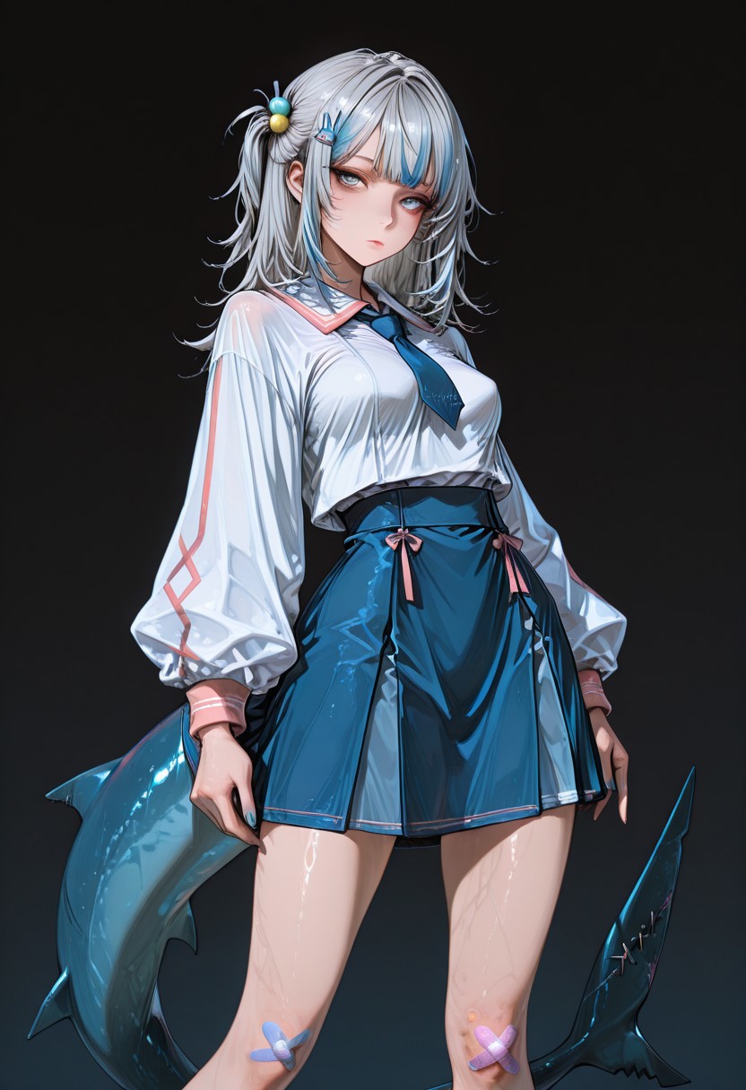 very aesthetic, high resolution, high quality, amazing quality, detailed, masterpiece, absurdres, score_9, score_8_up, score_7_up, 328145878style /style/, simple background, (natural lighting, scenery), (1girl, solo), woman, mature female, grey hair, streaked hair, blue eyes, shark tail, blue nails, vivid eye color, (beautiful eyes:1.2), (dark_pupils, gradient iris, crisp iris edges), (looking_at_viewer), (collared shirt, multicolored jacket, pink trim, blue necktie, blue skirt, (yellow sweater:0.4), bandaid on knee, one side up, hair bobbles, rabbit hairpin, shark hairpin, grey hair, streaked hair, blue eyes, shark tail, blue nails), lean body, perky_breasts, fit body proportion, standing, posing, frontview, medium_shot, dynamic pose,