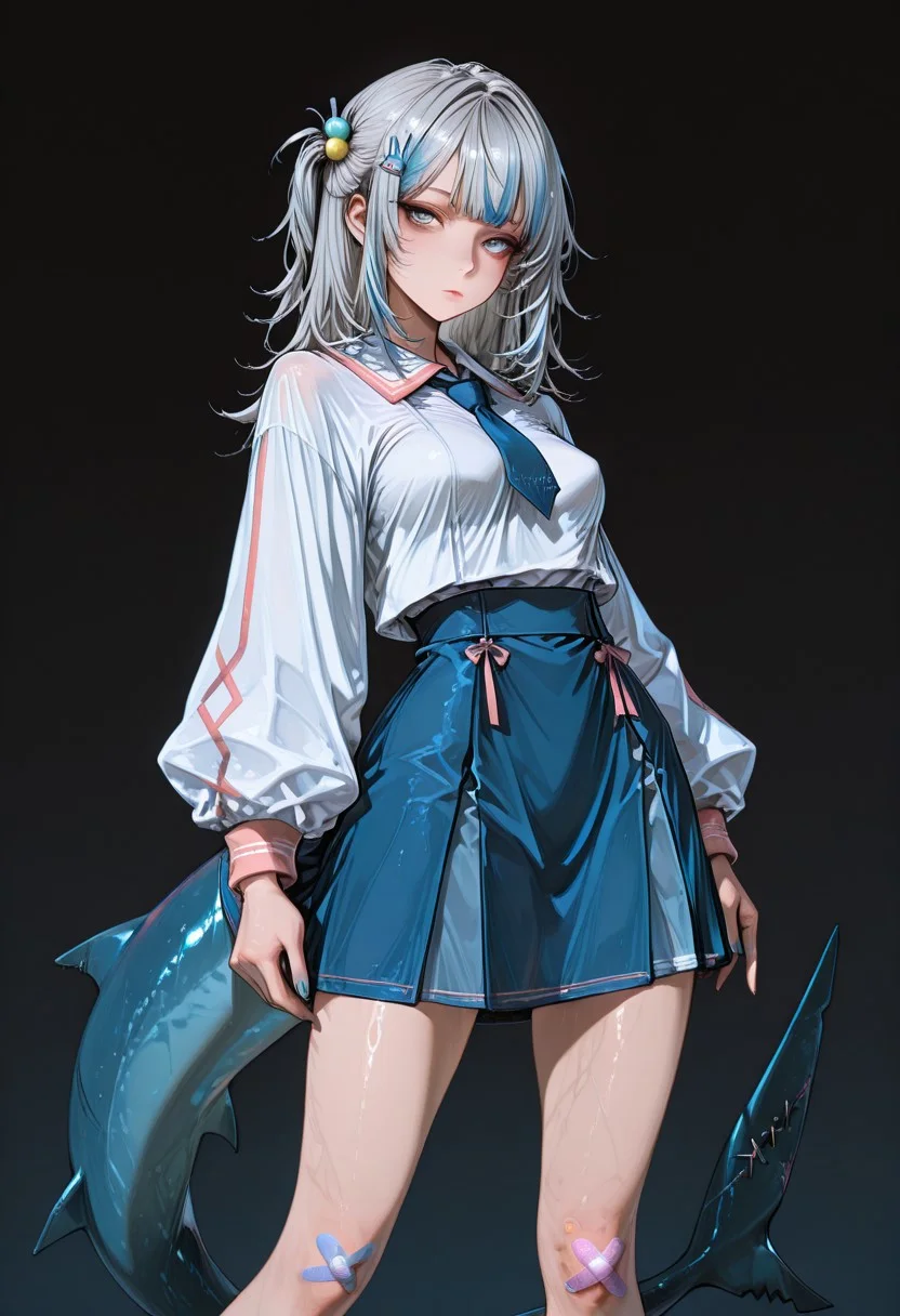 very aesthetic, high resolution, high quality, amazing quality, detailed, masterpiece, absurdres, score_9, score_8_up, score_7_up, 328145878style /style/, simple background, (natural lighting, scenery), (1girl, solo), woman, mature female, grey hair, streaked hair, blue eyes, shark tail, blue nails, vivid eye color, (beautiful eyes:1.2), (dark_pupils, gradient iris, crisp iris edges), (looking_at_viewer), (collared shirt, multicolored jacket, pink trim, blue necktie, blue skirt, (yellow sweater:0.4), bandaid on knee, one side up, hair bobbles, rabbit hairpin, shark hairpin, grey hair, streaked hair, blue eyes, shark tail, blue nails), lean body, perky_breasts, fit body proportion, standing, posing, frontview, medium_shot, dynamic pose,