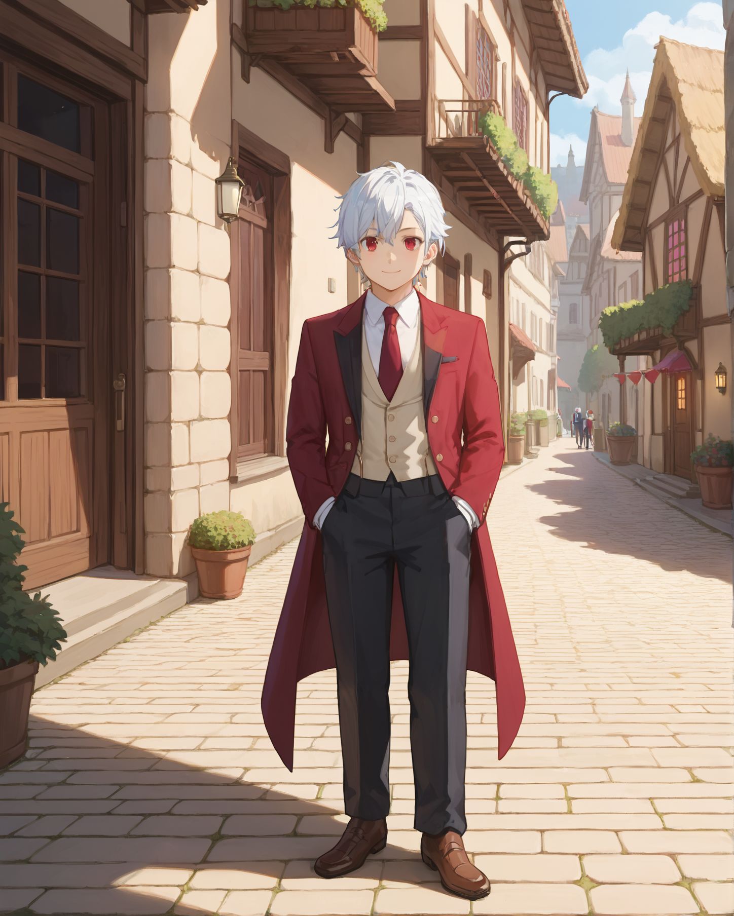 score_9,score_8_up,score_7_up,masterpiece, best quality, <lora:WHM 0.2v:0.5>, WHM, 2D,anime,  
<lora:HandFixer_pdxl_Incrs_v1:0.5>,  
<lora:bell01:0.7>full body, bell01, 
<lora:Bell_Cranel_r2:0.1> belcranel,
1boy, looking at viewer, smile, shirt, red eyes, closed mouth, white hair, red necktie, formal,black pants, Tuxedo,
medieval town ,  fantasy,dungeon ni deai wo motomeru no wa machigatteiru darou ka style,