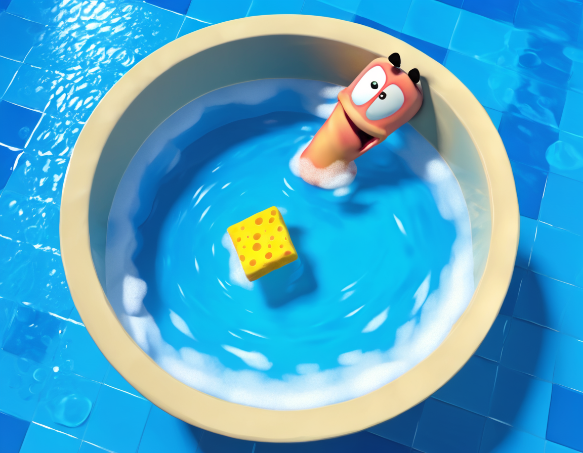 wormsteam17, wormrender, worm, 1worm, solo, no humans, floating black rounded eyebrows, bath tub, ((bubble bath, bubbles on water surface)), wet worm inside bath tub, holding big sponge, simple blue tiled interior background, 3d, from above