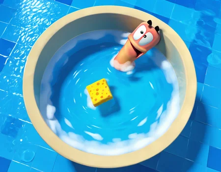 wormsteam17, wormrender, worm, 1worm, solo, no humans, floating black rounded eyebrows, bath tub, ((bubble bath, bubbles on water surface)), wet worm inside bath tub, holding big sponge, simple blue tiled interior background, 3d, from above