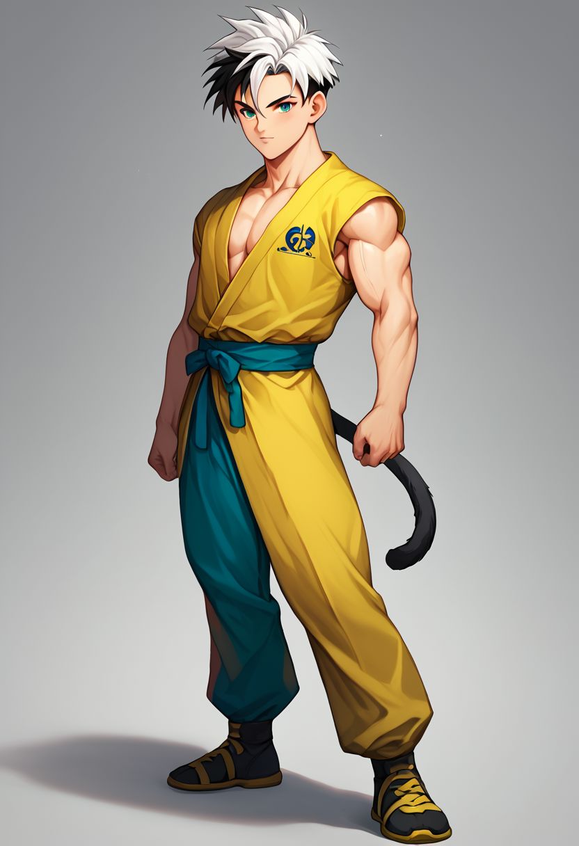 (score_9), (score_8_up), (score_7_up), (score_6_up), (score_5_up), (score_4_up), (masterpiece), best quality, expressive eyes, perfect face, detailed eyes, (Full body), style of akira toriyama, (s3m1sh4v3d)++, Saiyan, monkey tail, two tone hair, Black and white hair, Two tone black and white hair, Buzzed side hair, short hair, medium hair, green eyes, Blue clothes, yellow clothes, red clothes, pants, Gi tunic, male, man, solo, one person, semi-shaved hair, martial arts uniform,