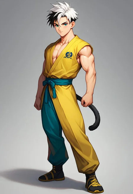 (score_9), (score_8_up), (score_7_up), (score_6_up), (score_5_up), (score_4_up), (masterpiece), best quality, expressive eyes, perfect face, detailed eyes, (Full body), style of akira toriyama, (s3m1sh4v3d)++, Saiyan, monkey tail, two tone hair, Black and white hair, Two tone black and white hair, Buzzed side hair, short hair, medium hair, green eyes, Blue clothes, yellow clothes, red clothes, pants, Gi tunic, male, man, solo, one person, semi-shaved hair, martial arts uniform,