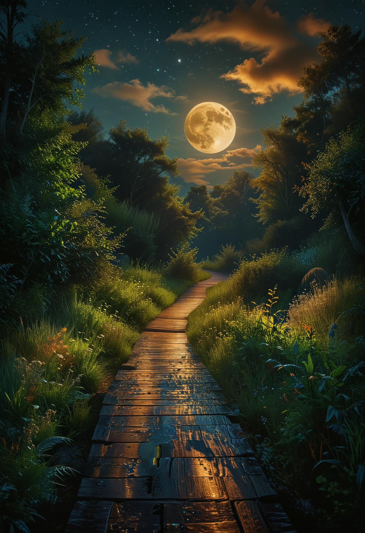 A serene moonlit path winds through a tranquil forest, bathed in the soft glow of a full moon, The wooden walkway is bordered by lush greenery and tall grass, shadows dancing gently as the night breeze rustles the leaves, The sky is a deep velvety indigo, few clouds that partially veil the radiant moon, The peaceful scene evokes a sense of calm and wonder, celestial light, <lora:MJ52:0.7>, <lora:add-detail-xl:1>, <lora:SDXLFaeTastic2400:0.3>, <lora:CinematicStyle_v1:1>, <lora:zavy-cntrst-sdxl:0.7>