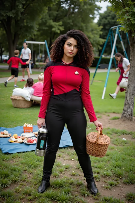 A hyper-realistic portrait, photorealistic photo close-up image of A high-quality, funny photo of a Latina woman with curly hair, dressed in a bright red TNGS1 uniform with black pants, enjoying a day at the park. She’s striking a playful pose while holding a picnic basket with one hand and an oversized, futuristic-looking water bottle with the other. Her red uniform, contrasting with the lush green park surroundings, adds a humorous and eye-catching touch. In the background, children playing on a swing set and people strolling their dogs are captured in mid-action, while the woman’s uniform and comically serious expression—complete with a mock stern gaze—create a delightful contrast. The scene includes a nearby picnic blanket with typical park fare, but with an amusing twist: futuristic, Star Trek-inspired snacks like glowing fruit and miniature food replicators. The photo captures a perfect blend of high-quality imagery and whimsical humor, showcasing the woman’s charisma and the amusing juxtaposition of Star Trek gear in a casual park setting. (photography, high-resolution, dynamic, energetic,hyper-realistic, dramatic lighting, shallow depth of field.), detailmaximizer, MythP0rt<lora:midjourney_whisper_flux_lora_v01:0.55><lora:aidmaMJ6.1-FLUX-V0.1:0.4><lora:FluxMythP0rtr4itStyle:0.4><lora:detailed_flux_ntc:2.2><lora:aidmaImageUpgrader-FLUX-V0.1:0.65><lora:TNGS1_FLUX:1.2>