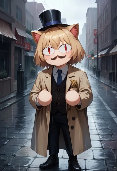 score_9, score_8_up, score_7_up,score_6_up,source_photorealistic,photorealism,professional cinematography,high quality lighting,film grain,blonde hair,skindentation,chibi, 1girl,red eyes, slit pupils, cat ears, :3,solo,necoarc,top hat,moustache,trench coat,outdoors,rainy,rain,city,cobblestone street,gloomy,brick buildings