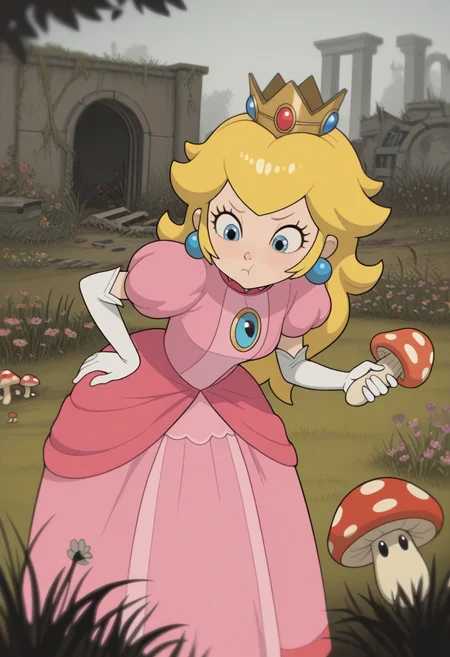 W411, masterpiece, best quality, solo, princess peach, pink dress, small blue eyes, crown, leaning forward, hand on hip, pouting, holding a mushroom, garden, grass, flora, flowers, ruins, cobble,