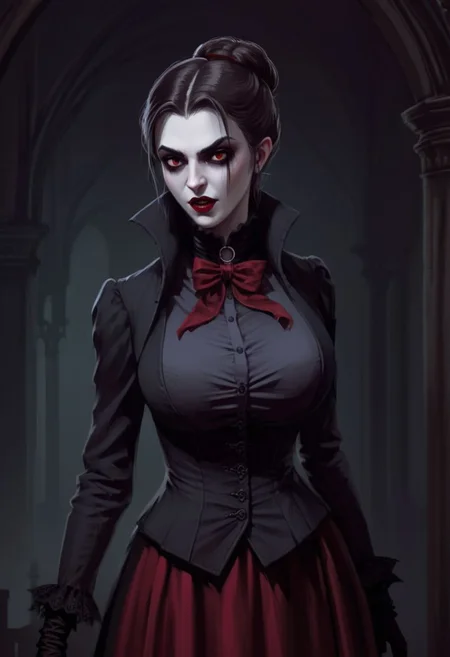 (video game illustration in jrst artstyle:1.2) about a victorian female vampire from a gothic horror RPG game; busty, large breasts, slender