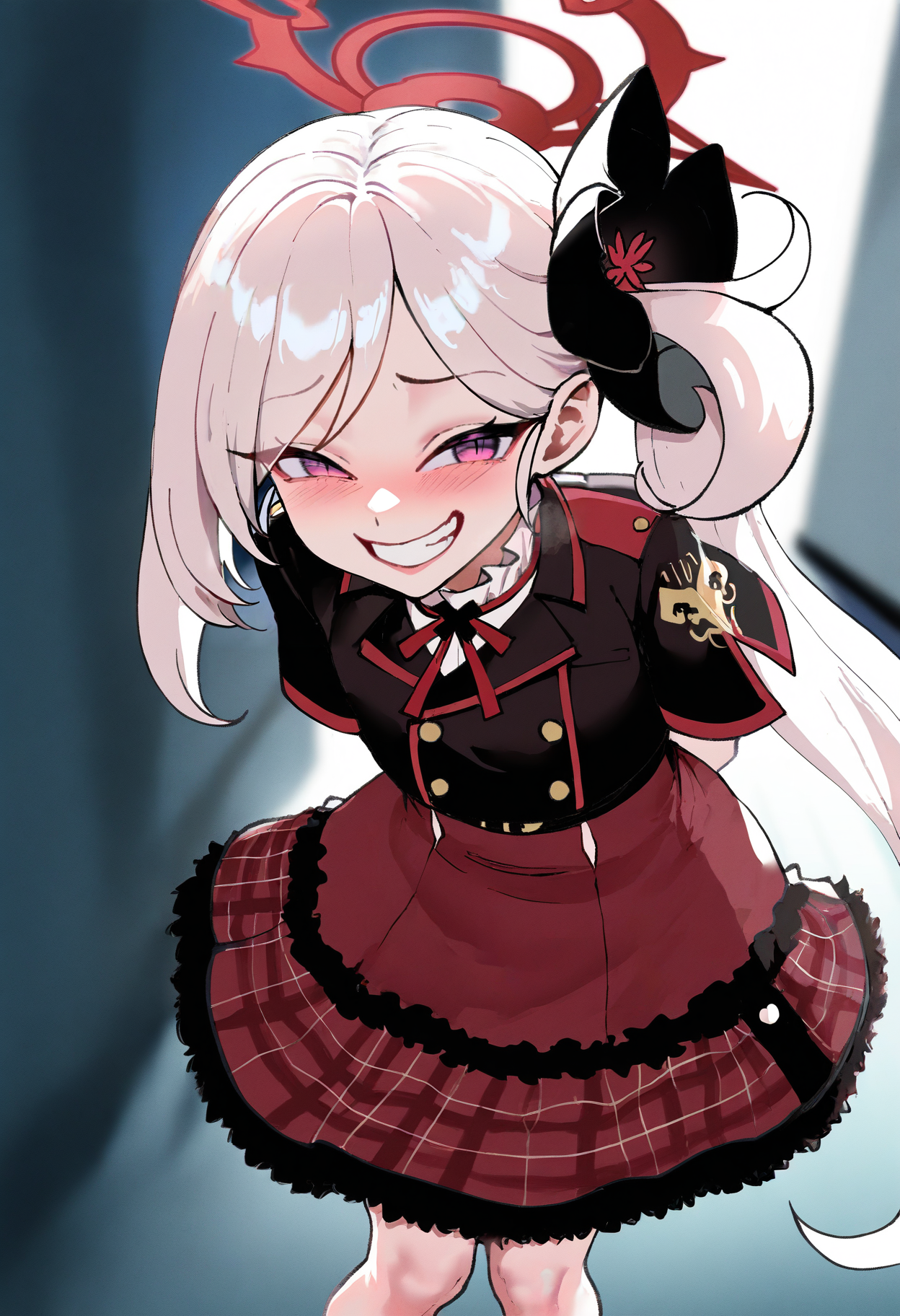 1girl,solo,mutsuki \(blue archive\),<lora:nyantcha nai 3.0:1>,th1ccw1thaq style,naughty face,giggling,looking at viewer,standing,leaning forward,arms behind back,masterpiece,best quality,(newest:1.1),highres,depth of field,hallway,