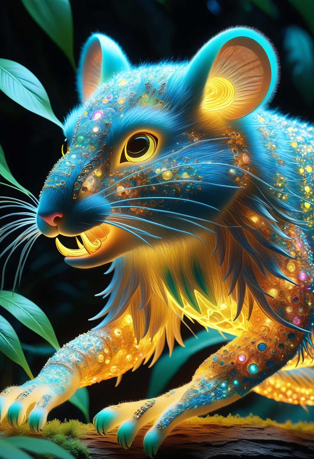 hyper detailed masterpiece,realistic,DonM1un4rN3wY34rXL big otherworldly bioluminescent biomimetic rodent organism, quadrupedal multipedal, furry appendages, curved-tailed, bark-like skin, # # mandible claws, in seaside in tropical seasonal forest biome,ornamented <lora:myLora\DonM1un4rN3wY34rXL-000006:.8>,