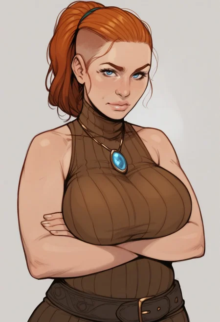 score_9, score_8_up, score_7_up, 1girl, <lora:Frida_Peasants_Quest:0.80>, ponytail, undercut, orange hair, red hair, tall female, blue eyes,, simple background, (realistic:1.3), (front view), standing, looking at the viewer, natural breasts, plump, (mature female, milf), arms crossed, sleeveless, high neck, brown top, belt, wide hips, large breasts, necklace, gem green, fantasy, solo
