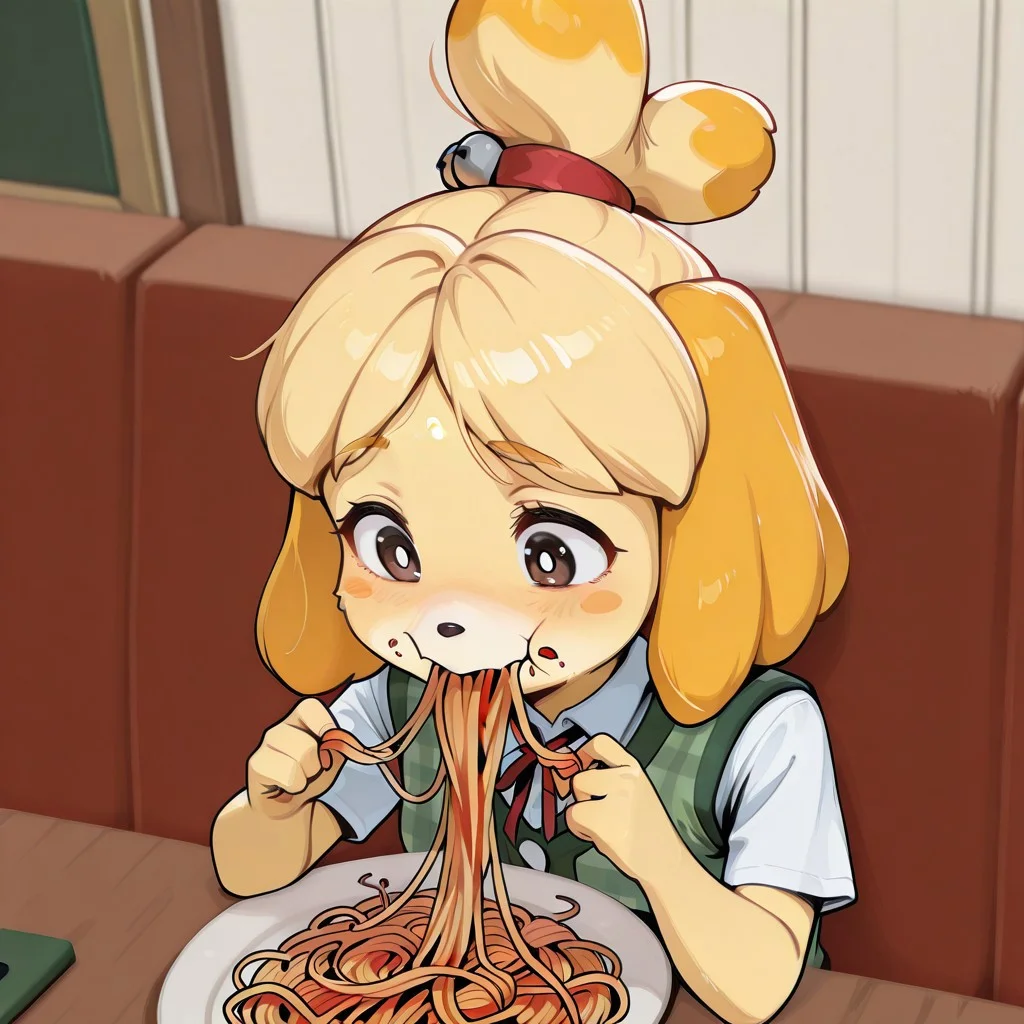 score_9, score_8_up, score_7_up, BREAK, eating spaghetti, within spaghetti, easynegative, isabelle \(animal crossing\), source_furry, yellow fur, fluffy fur, green vest, plaid vest, white shirt, shirt under vest, top knot, red ribbon, table, inside