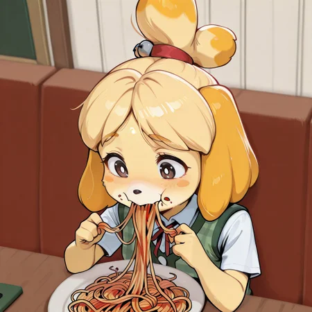 score_9, score_8_up, score_7_up, BREAK, eating spaghetti, within spaghetti, easynegative, isabelle \(animal crossing\), source_furry, yellow fur, fluffy fur, green vest, plaid vest, white shirt, shirt under vest, top knot, red ribbon, table, inside