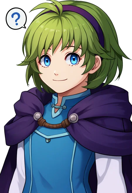 score_9, score_7_up, source_anime, zeroazureportraits, simple background, white background, solo, upper body, 1girl, ninodef, smile, looking at viewer, standing, spoken question mark, blue eyes, green hair, short hair, antenna hair, purple hairband, blue shirt, purple cloak, long sleeves, white sleeves <lora:zs_ZeroAzurePortraitsXL:1> <lora:nino-fe-richy-v1_pdxl:1>