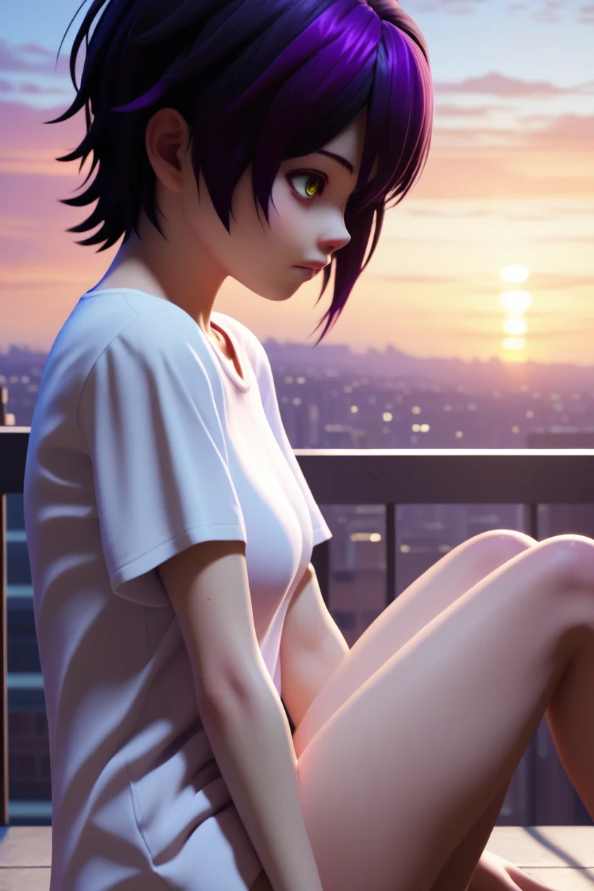 score_9, score_8_up, score_7_up,score_6_up,score_5_up,score_4_up, nihilo, 1girl,wide shot, from above , solo, black hair, yellow eyes,short hair, sitting, rooftop, looking afar, sunset,purple hair, white t-shirt,oversized clothes,long t-shirt,knee up,no pants,from side,3d,thigh, <lora:NihiloPony:1>