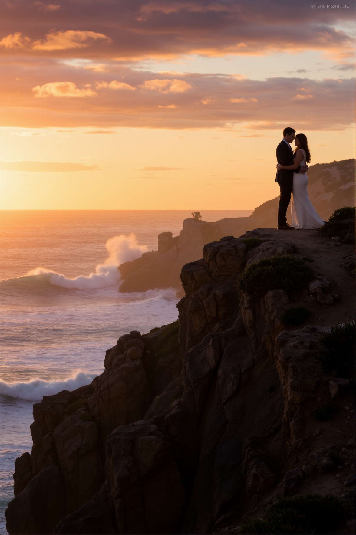 Perched atop a rugged seaside cliff, a couple stands entwined as the golden-hour light wraps them in a soft aura. The ocean waves crash below, sending a misty shimmer into the air, while the sky burns in hues of deep orange and violet. His fingers trace delicate patterns on her back, and as the last rays kiss their skin, their silhouettes become one with the glowing horizon.
<lora:ethereal-romantic-glow-flux:1>