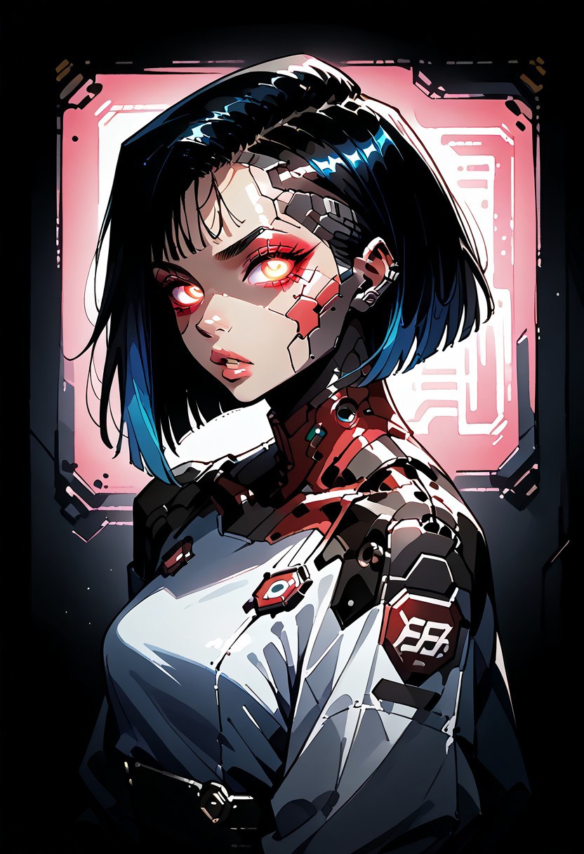 score_9, score_8_up, score_7_up, score_6_up, 19 year old, asian, e-girl, watercolor painting, cyborg, robotic, woman, skinny, petite, makeup, perky nose, parted lips, (hands down, arms down), machine, cybernetic skin, (puffy lips:0.85), bobcut, multicolored hair, looking at viewer, from above, left side view, portrait, g0th1c, glowing, neon lights, glowing eyes, phanostrata, geishastyle